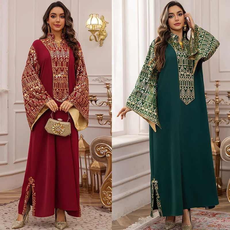 America Middle East New Fashion Women's Plus Size Sequined Embroideried Casual Trendy Elegant Loose V-neck Abaya Female Dress