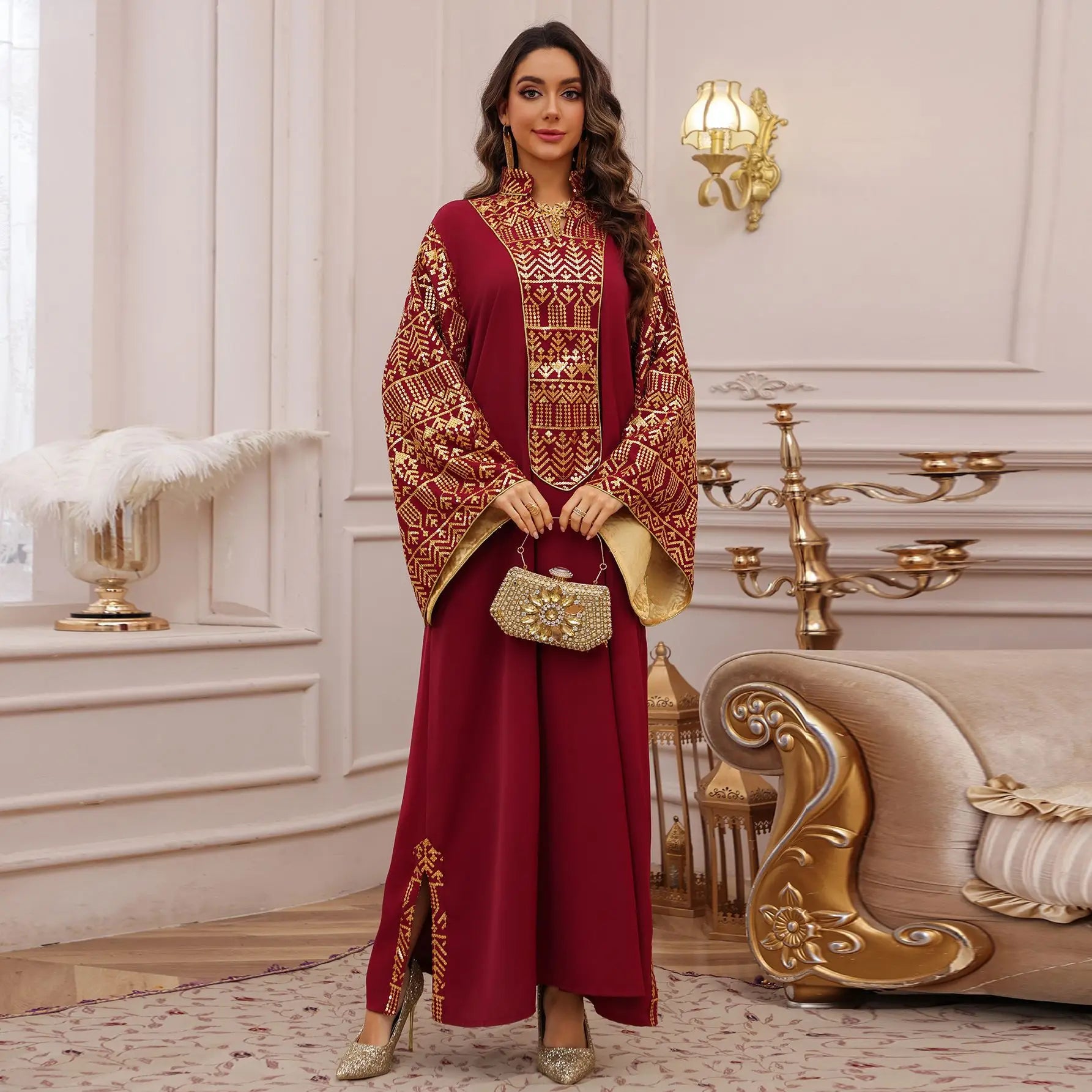 America Middle East New Fashion Women's Plus Size Sequined Embroideried Casual Trendy Elegant Loose V-neck Abaya Female Dress