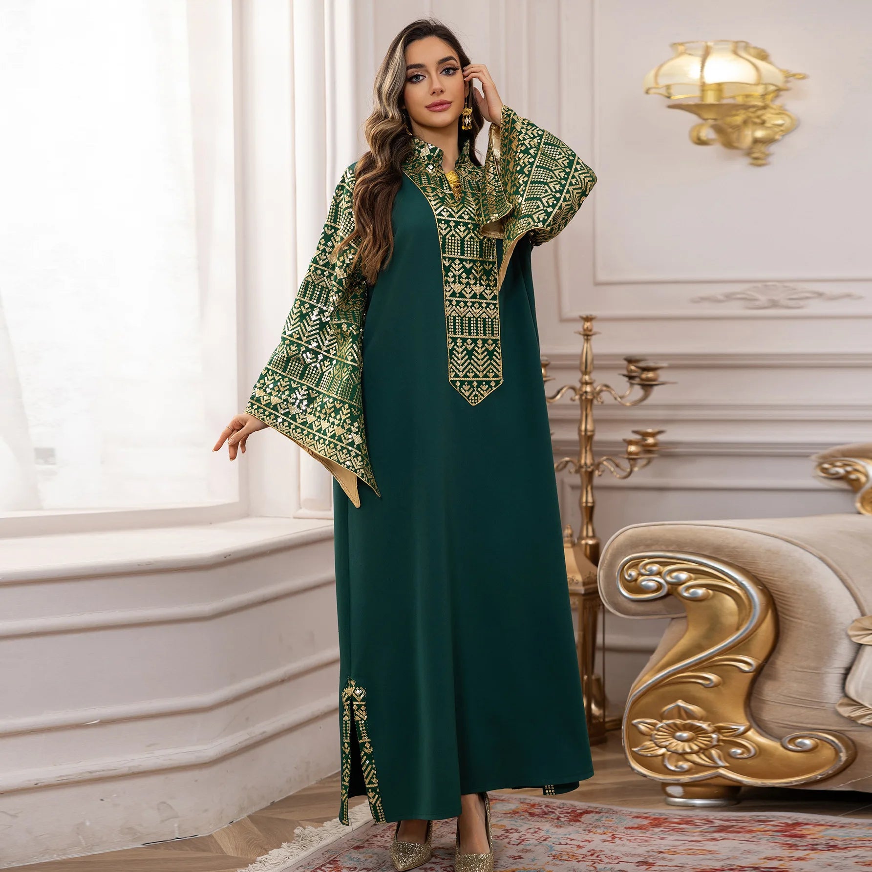 America Middle East New Fashion Women's Plus Size Sequined Embroideried Casual Trendy Elegant Loose V-neck Abaya Female Dress